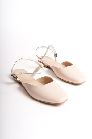 AMARA Lastikli Ortopedik Rahat Taban Bilekten Taş Detaylı Kadın Babet Ayakkabı KT Krem