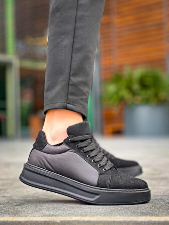 J046 Bağcıklı Ortopedik Taban Günlük Paraşüt Kumaş Süet Erkek Spor Sneaker Ayakkabı ST Siyah