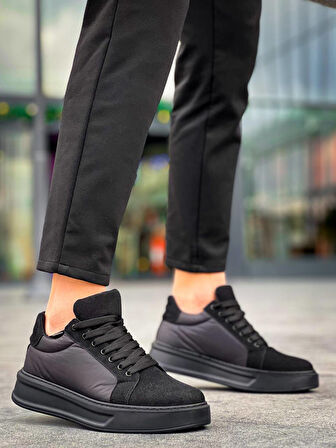 J046 Bağcıklı Ortopedik Taban Günlük Paraşüt Kumaş Süet Erkek Spor Sneaker Ayakkabı ST Siyah