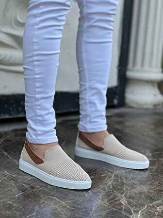 J114 Bağcıklı Ortopedik Taban Triko Erkek Spor Sneaker Ayakkabı BT Bej/Taba