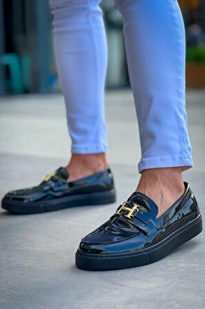 J027 Bağcıksız Ortopedik Taban Günlük Rugan Erkek Klasik Ayakkabı ST Siyah