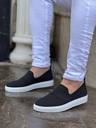 J114 Bağcıklı Ortopedik Taban Triko Erkek Spor Sneaker Ayakkabı BT Siyah