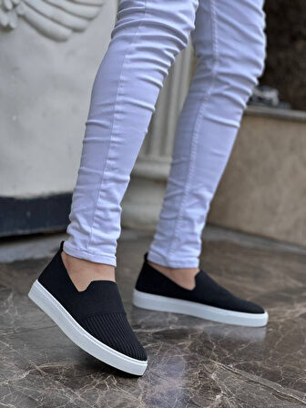 J114 Bağcıklı Ortopedik Taban Triko Erkek Spor Sneaker Ayakkabı BT Siyah