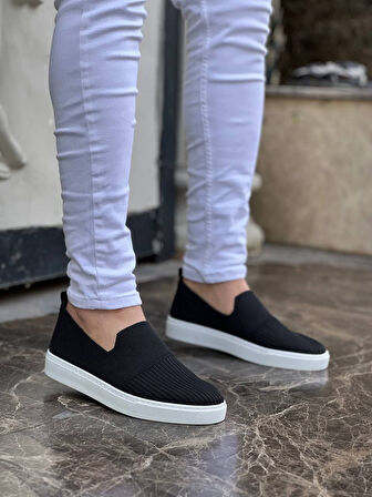 J114 Bağcıklı Ortopedik Taban Triko Erkek Spor Sneaker Ayakkabı BT Siyah