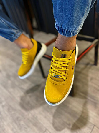 J040 Bağcıklı Ortopedik Taban Erkek Günlük Süet Sneaker Spor Ayakkabı BT Sarı/Siyah