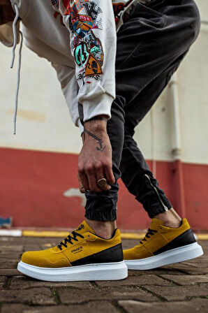 J040 Bağcıklı Ortopedik Taban Erkek Günlük Süet Sneaker Spor Ayakkabı BT Sarı/Siyah