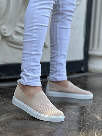 J114 Bağcıklı Ortopedik Taban Triko Erkek Spor Sneaker Ayakkabı BT Bej