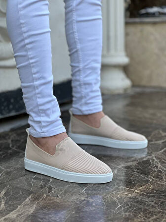 J114 Bağcıklı Ortopedik Taban Triko Erkek Spor Sneaker Ayakkabı BT Bej