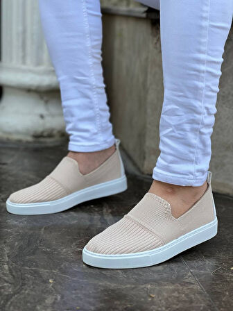 J114 Bağcıklı Ortopedik Taban Triko Erkek Spor Sneaker Ayakkabı BT Bej