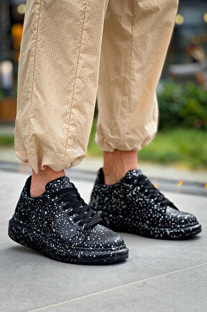 J-X500 Bağcıklı Gold Baskılı Ortopedik Taban Günlük Erkek Spor Sneaker Ayakkabı ST Siyah