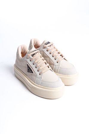 GRACE Bağcıklı Ortopedik Taban Desenli Kadın Sneaker Ayakkabı KT Krem