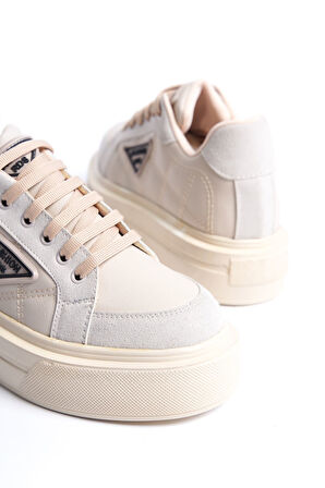 GRACE Bağcıklı Ortopedik Taban Desenli Kadın Sneaker Ayakkabı KT Krem