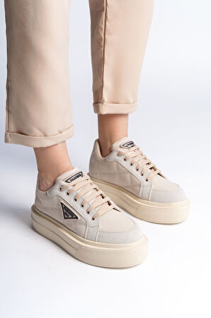 GRACE Bağcıklı Ortopedik Taban Desenli Kadın Sneaker Ayakkabı KT Krem