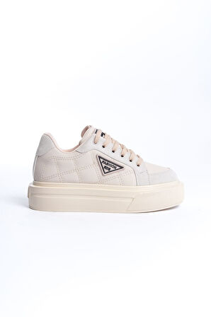GRACE Bağcıklı Ortopedik Taban Desenli Kadın Sneaker Ayakkabı KT Krem