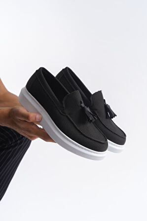 J154 Blaze Bağcıksız Püsküllü Keten Erkek Günlük Spor Klasik Ayakkabı BT Siyah