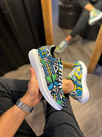 J046 Bağcıklı Ortopedik Taban Renkli Baskılı Erkek Günlük Sneaker Spor Ayakkabı BT Sarı