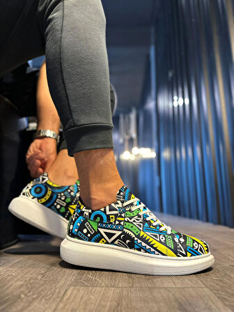 J046 Bağcıklı Ortopedik Taban Renkli Baskılı Erkek Günlük Sneaker Spor Ayakkabı BT Sarı
