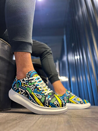 J046 Bağcıklı Ortopedik Taban Renkli Baskılı Erkek Günlük Sneaker Spor Ayakkabı BT Sarı