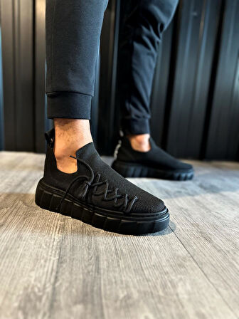 J1025 Bağcıklı Lastikli Ortopedik Taban Erkek Günlük Triko Sneaker Spor Ayakkabı ST Siyah