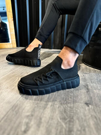 J1025 Bağcıklı Lastikli Ortopedik Taban Erkek Günlük Triko Sneaker Spor Ayakkabı ST Siyah