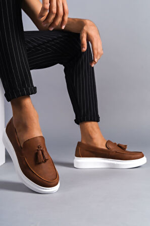 J154 Blaze Bağcıksız Püsküllü Cilt Erkek Günlük Spor Klasik Ayakkabı BT Taba