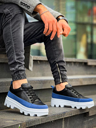 J056 Bağcıklı Ortopedik Taban Günlük Cilt Süet Erkek Spor Sneaker Ayakkabı BT Siyah/Mavi