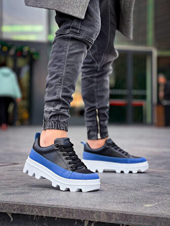 J056 Bağcıklı Ortopedik Taban Günlük Cilt Süet Erkek Spor Sneaker Ayakkabı BT Siyah/Mavi