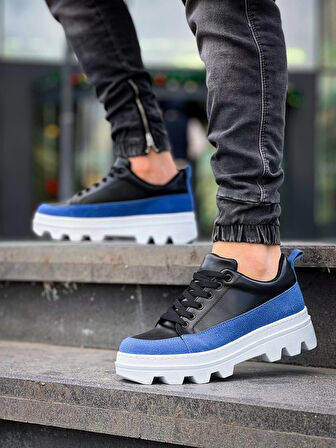 J056 Bağcıklı Ortopedik Taban Günlük Cilt Süet Erkek Spor Sneaker Ayakkabı BT Siyah/Mavi