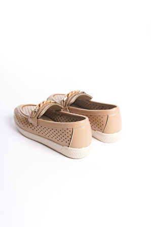 HELEN Bağcıksız Ortopedik Rahat Taban Kalp Desenli Kadın Babet Ayakkabı KT Ten