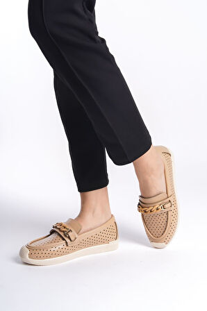 HELEN Bağcıksız Ortopedik Rahat Taban Kalp Desenli Kadın Babet Ayakkabı KT Ten