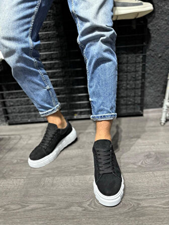 J144 Bağcıklı Ortopedik Taban Erkek Günlük Süet Sneaker Spor Ayakkabı BT Siyah