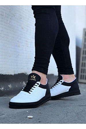 J022 Bağcıklı Ortopedik Taban Erkek Sneaker Günlük Ayakkabı ST Beyaz/Siyah