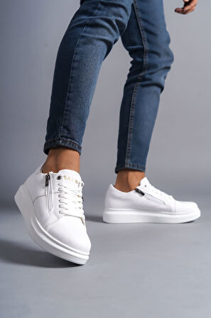 J155 Warrior Bağcıklı ve Fermuarlı Cilt Erkek Günlük Sneaker Ayakkabı BT Beyaz