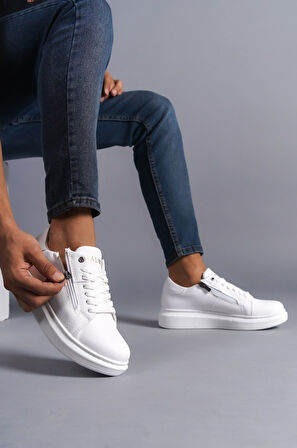 J155 Warrior Bağcıklı ve Fermuarlı Cilt Erkek Günlük Sneaker Ayakkabı BT Beyaz