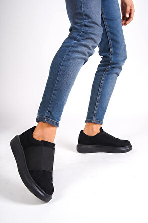 J040 Bağcıksız Kalın Lastikli Ortopedik Taban Süet Günlük Erkek Spor Sneaker Ayakkabı ST Siyah