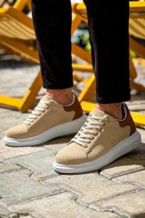 J-X500 Bağcıklı Ortopedik Taban Günlük Süet Erkek Spor Sneaker Ayakkabı BT Bej/Taba