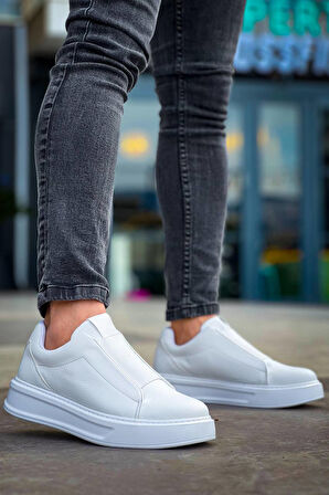 J007 Bağcıksız Lastikli Ortopedik Taban Tek Bant Erkek Spor Sneaker Ayakkabı BT Beyaz