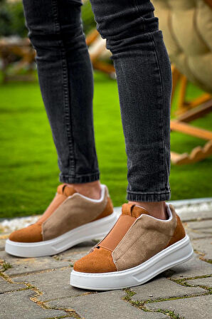 J007 Bağcıksız Lastikli Ortopedik Taban Tek Bant Süet Erkek Spor Sneaker Ayakkabı BT Vizon/Taba