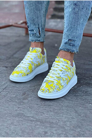 J501 Bağcıklı Sarı Beyaz Renkli Baskılı Ortopedik Taban Erkek Sneaker Günlük Ayakkabı RT Çok Renkli