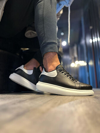 J043 Bağcıklı Ortopedik Taban Erkek Günlük Sneaker Spor Ayakkabı BT Siyah/Beyaz