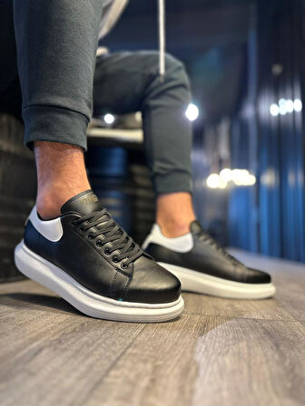 J043 Bağcıklı Ortopedik Taban Erkek Günlük Sneaker Spor Ayakkabı BT Siyah/Beyaz