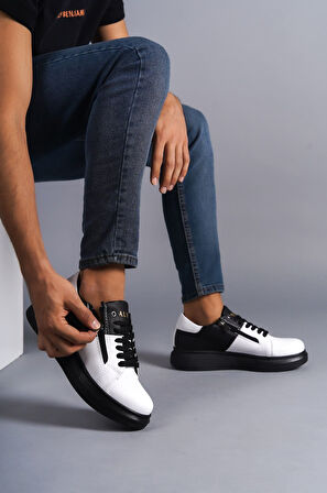 J155 Warrior Bağcıklı ve Fermuarlı Cilt Erkek Günlük Sneaker Ayakkabı ST Siyah/Beyaz