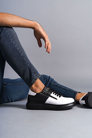 J155 Warrior Bağcıklı ve Fermuarlı Cilt Erkek Günlük Sneaker Ayakkabı ST Siyah/Beyaz