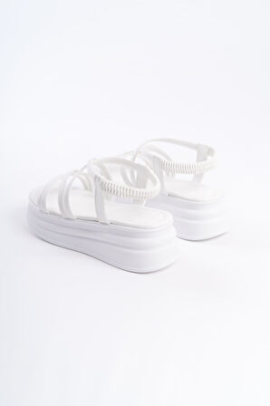 ADRIANA Lastikli Şerit Detaylı Ortopedik Taban Kadın Sandalet BT Beyaz