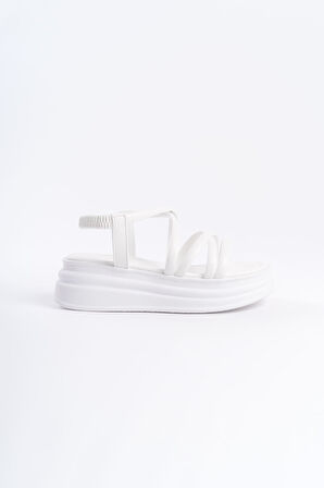 ADRIANA Lastikli Şerit Detaylı Ortopedik Taban Kadın Sandalet BT Beyaz