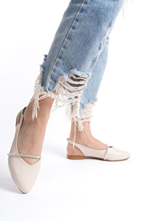 AISHA Tokalı Ortopedik Rahat Taban Taş Detaylı Kadın Babet Ayakkabı KT Krem