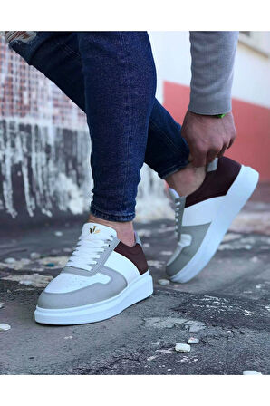 J011 Bağcıklı Ortopedik Taban Erkek Sneaker Günlük Ayakkabı BT Beyaz/Taba