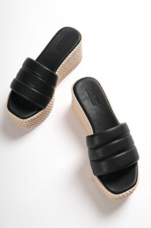 ADARA Yüksek/Kalın Ortopedik Taban Dolgu Topuklu Kadın Günlük Terlik KT Siyah