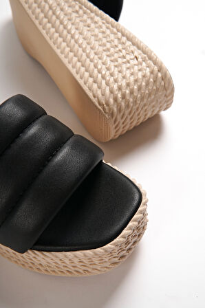 ADARA Yüksek/Kalın Ortopedik Taban Dolgu Topuklu Kadın Günlük Terlik KT Siyah