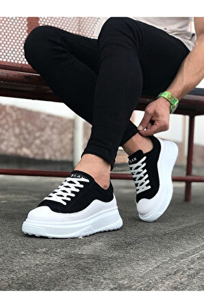 J507 Bağcıklı Ortopedik Taban Erkek Sneaker Günlük Ayakkabı BT Siyah/Beyaz